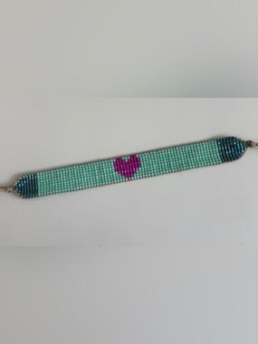 Turquoise with pink heart bead loom bracelet NWOT